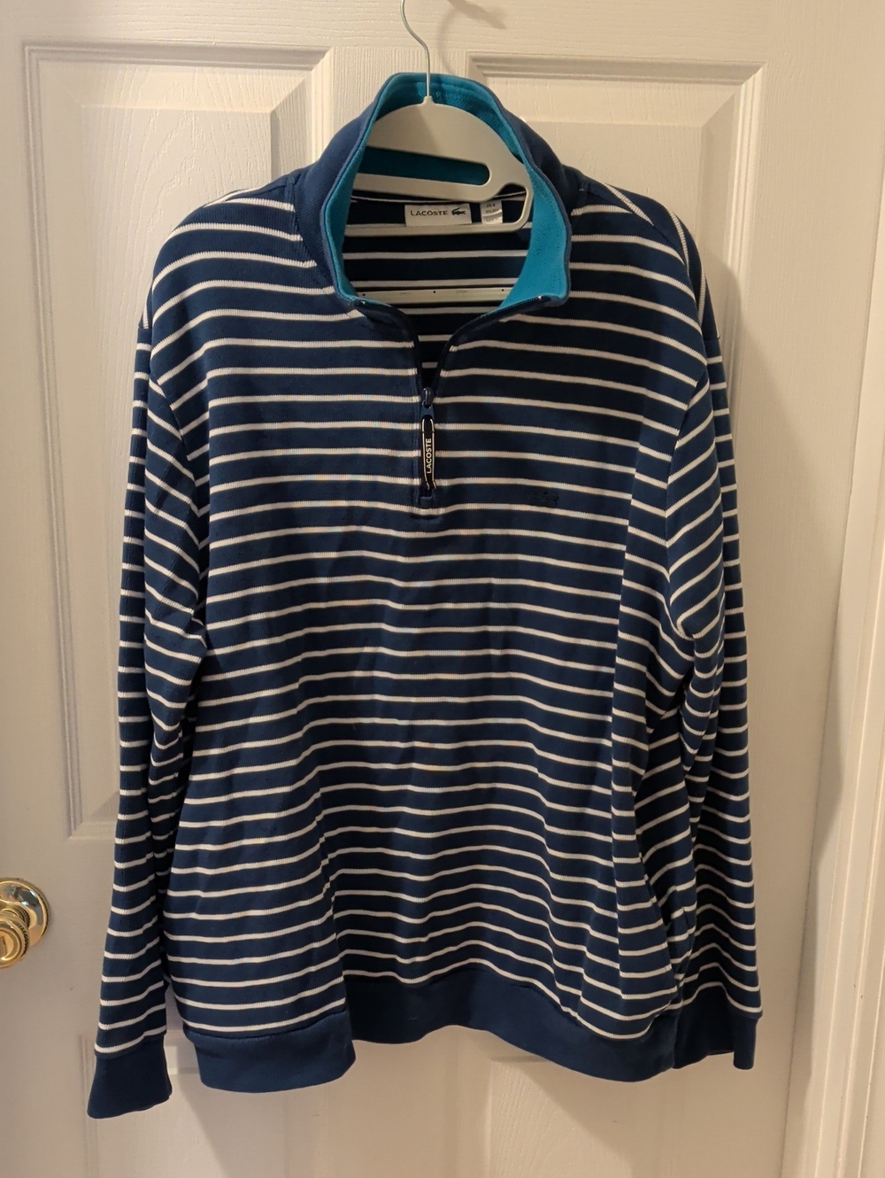 Lacoste Navy & White Striped Quarter-Zip with Teal Collar
